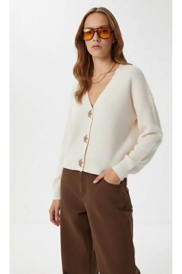 Kadın Yıldız Düğme Detaylı Triko Hırka