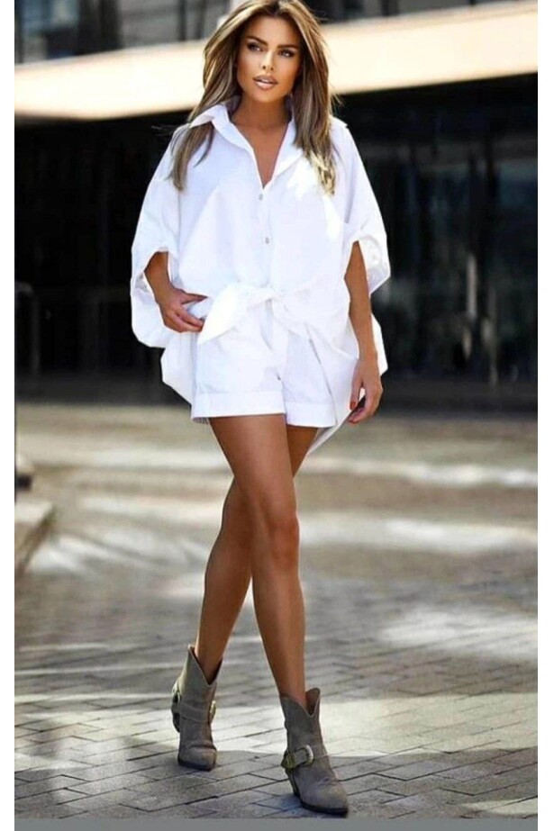 Keten Arkası Uzun Salaş Gömlek Şort Takım Beyaz