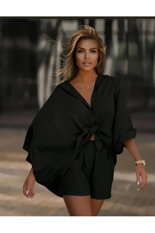 Keten Arkası Uzun Salaş Gömlek Şort Takım Siyah