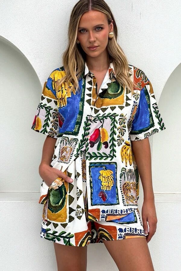 Keten Kumas Şortlu Takım Mavi