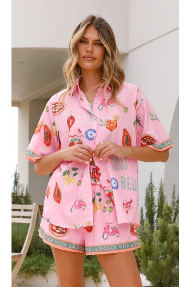 Keten Kumas Şortlu Takım Pembe