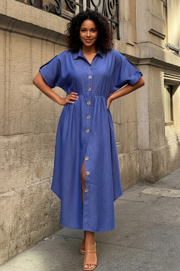 Kısa Kollu Düğme Detaylı Midi Boy Gömlek Elbise