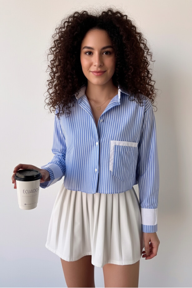 Manşet ve Cep Detay Çizgili Crop Gömlek