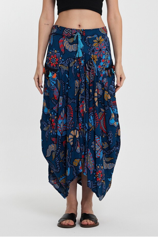 Mavi Otantik Desen Cepli Şalvar Model Etek