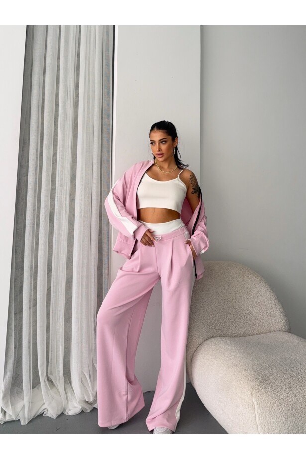 Modal Kumaş Bel Lastikli Alt Üst 3 lü Takım Pudra