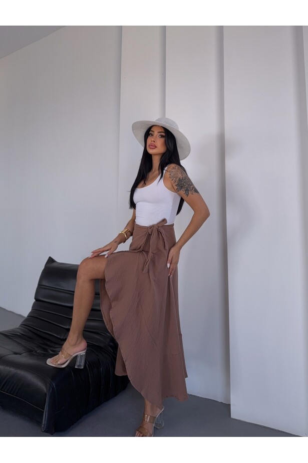 Müslin Kumaş Asimetrik Etek Kahve