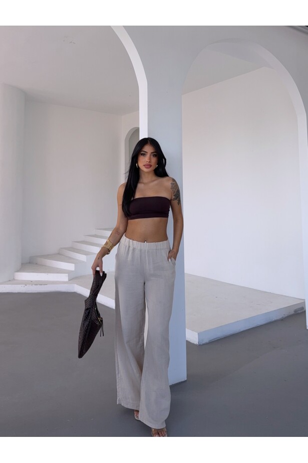 Müslin Kumaş Bol Paça Pantalon Ekru