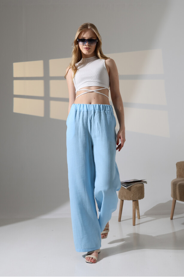 Müslin Kumaş Bol Paça Pantalon Ekru