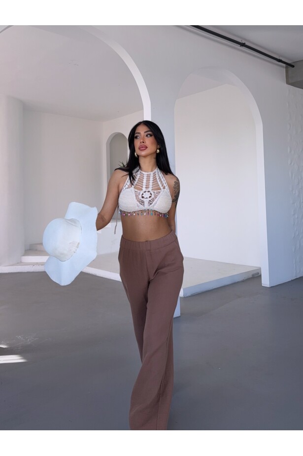 Müslin Kumaş Bol Paça Pantalon Kahverengi