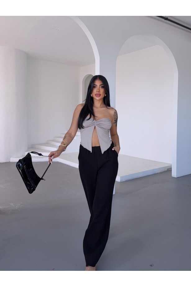 Müslin Kumaş Bol Paça Pantalon Siyah