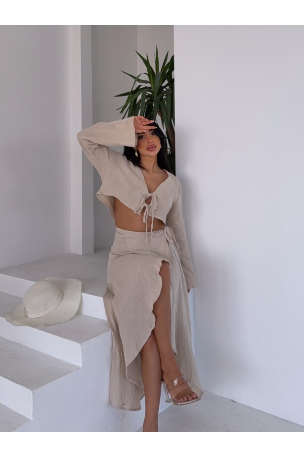 Müslin Kumaş Etek Bluz Takım Bej
