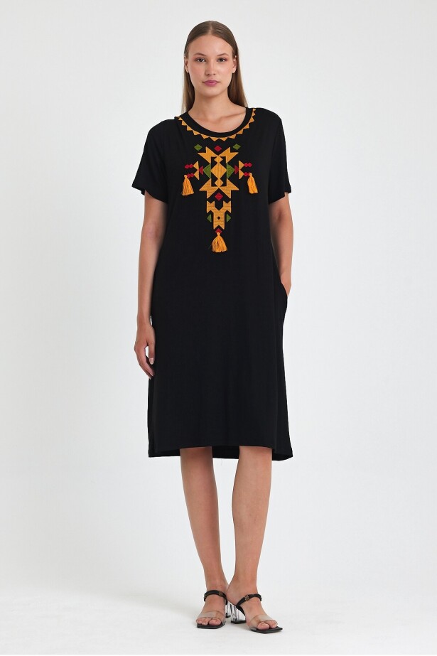 Oranj Etnik Nakışlı Penye Viskon Elbise