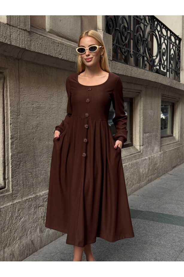 Ottoman Kumaş Düğme Detay Elbise Kahverengi