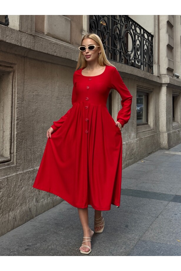 Ottoman Kumaş Düğme Detay Elbise Kırmızı