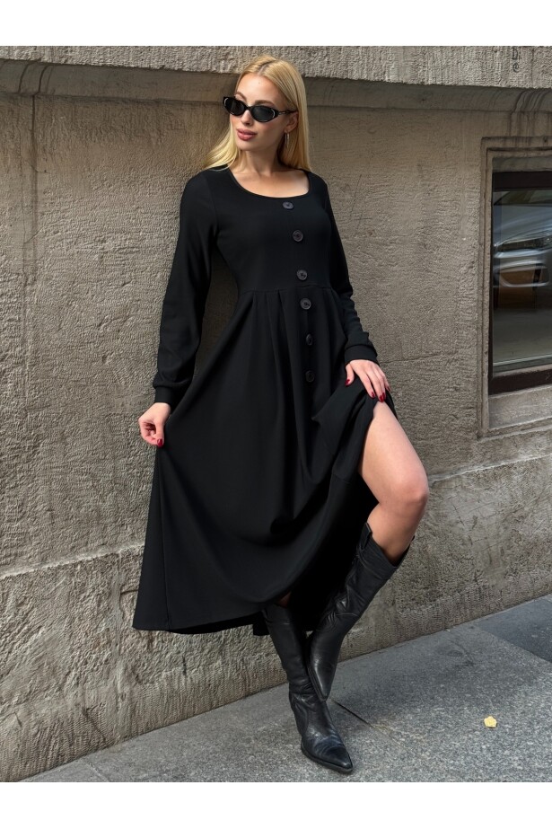 Ottoman Kumaş Düğme Detay Elbise Siyah