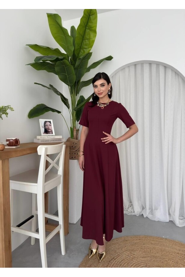 Pliseli Midi Elbise Bordo