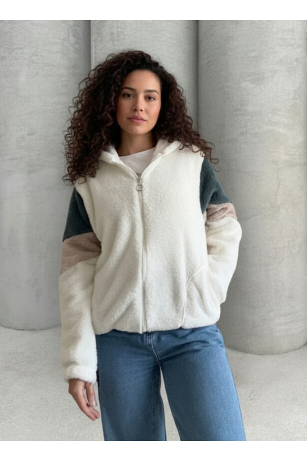 Renk Bloklu Bomber Polar Peluş Sweatshirt