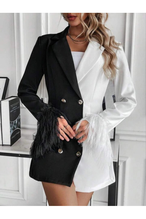 Renk Bloklu Püskül Detay Ceket Elbise