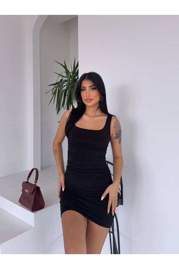 Sandy Büzgülü Elbise Siyah