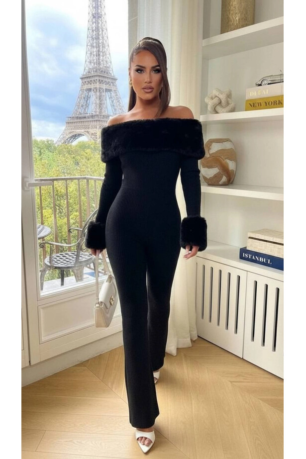 Selanik Kumaş Kürk Detay Maxi Boy Tulum Siyah