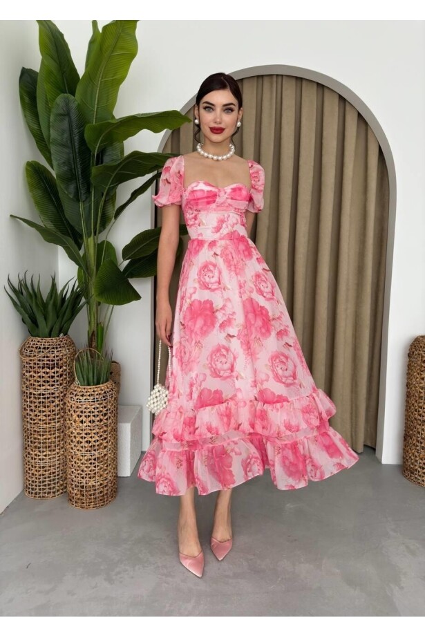 Şifon Kumaş Dijital Baskı Desenli Elbise Kırmızı