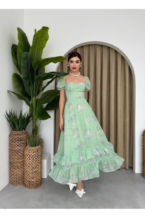 Şifon Kumaş Dijital Baskı Desenli Elbise Yeşil