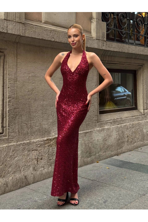 Sırt Dekolte Detay Pullu Elbise Bordo