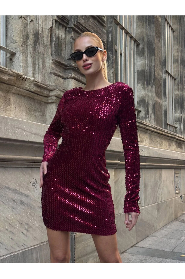 Sırt Dekolteli Payetli Mini Elbise Bordo Yılbaşı Özel