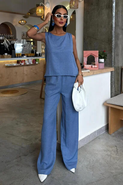 Sırtı Süzene Dantelli Bluz Pantolon Takım İndigo