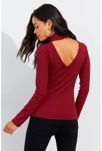 Sırtı V Detay Balıkçı Yaka Bluz Bordo