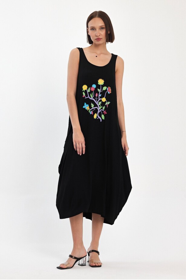 Siyah Çiçek Baskılı Cepli Elbise