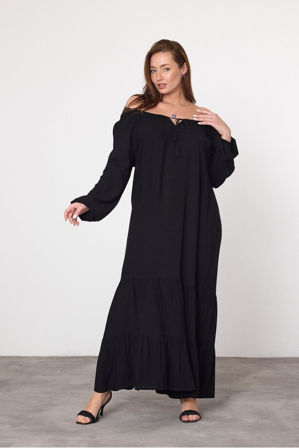 Siyah Kadın Madonna Yaka Bağcıklı Elbise