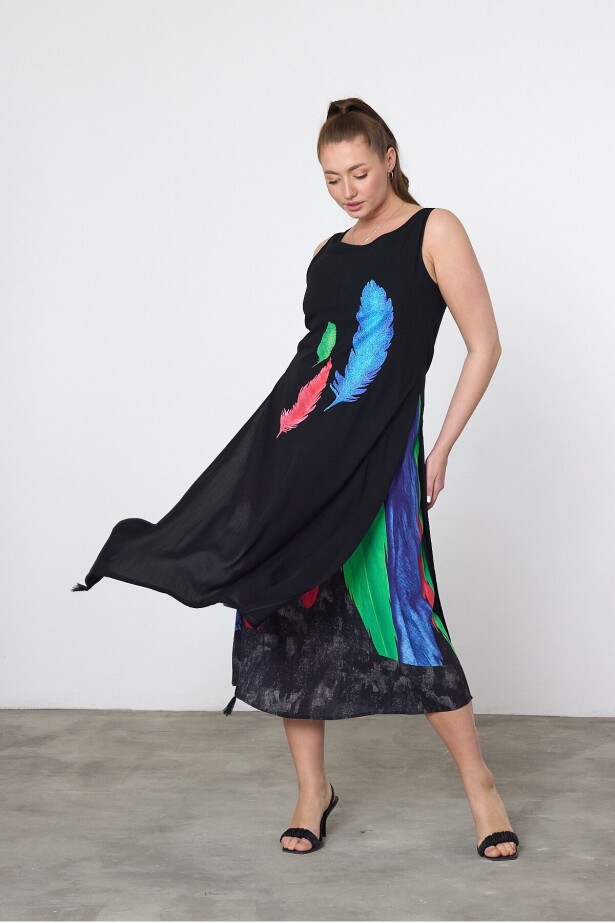 Siyah Mavi Kuş Tüyü Baskılı Astarlı Viskon Elbise