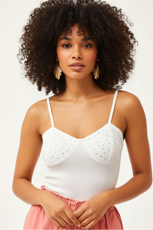Taş Detaylı Askılı Crop Bluz Beyaz