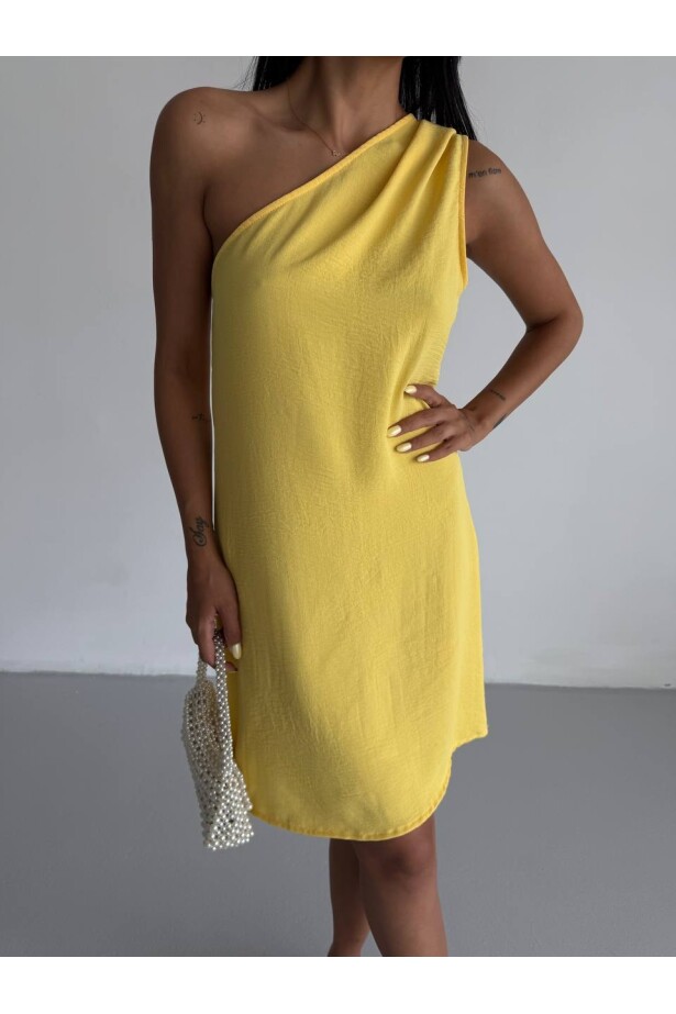 Tek Omuz Ayrobin Kumaş Elbise Sarı