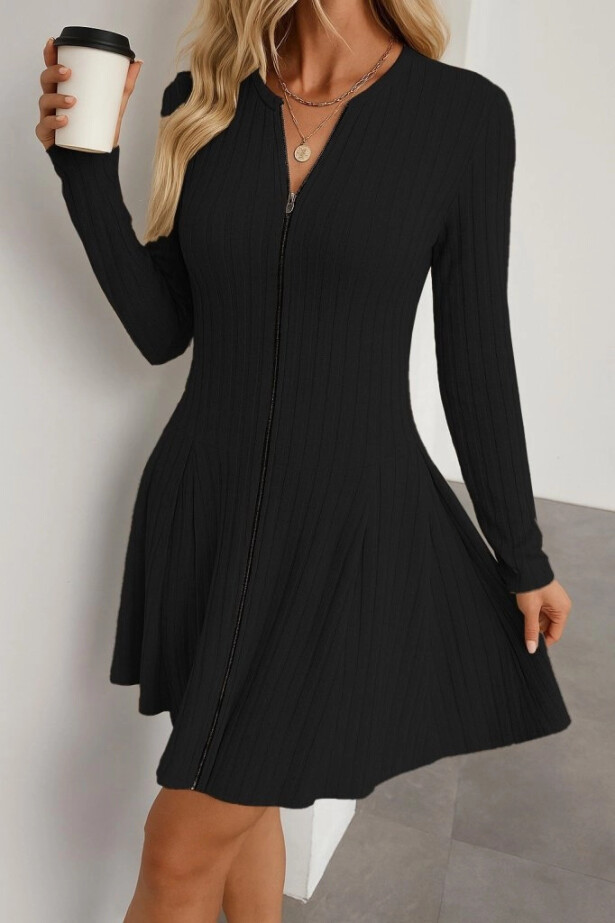 Uzun Kollu Fermuarlı Pileli Kaşkorse Mini Elbise