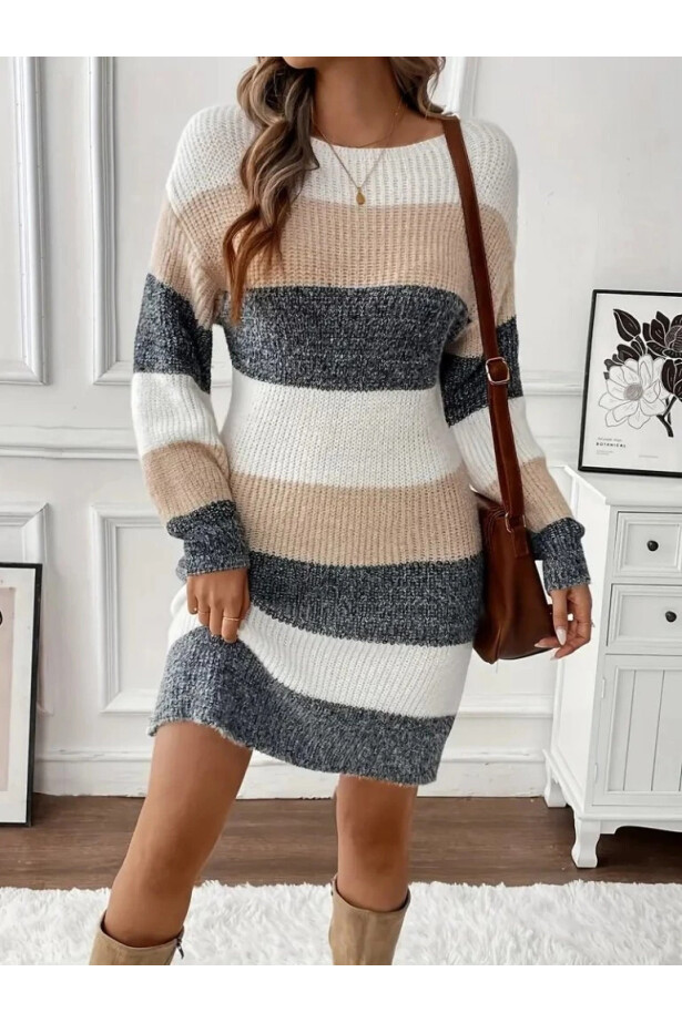 Uzun Kollu Yuvarlak Yaka çizgili çok Renkli Triko Elbise