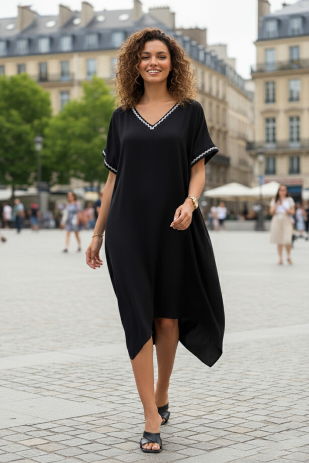 V Yaka Kısa Kollu Şerit Desenli Elbise