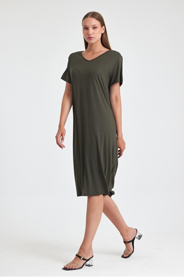 V Yaka Penye Viskon Elbise Haki