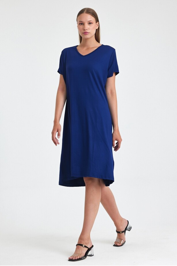 V Yaka Penye Viskon Elbise Lacivert