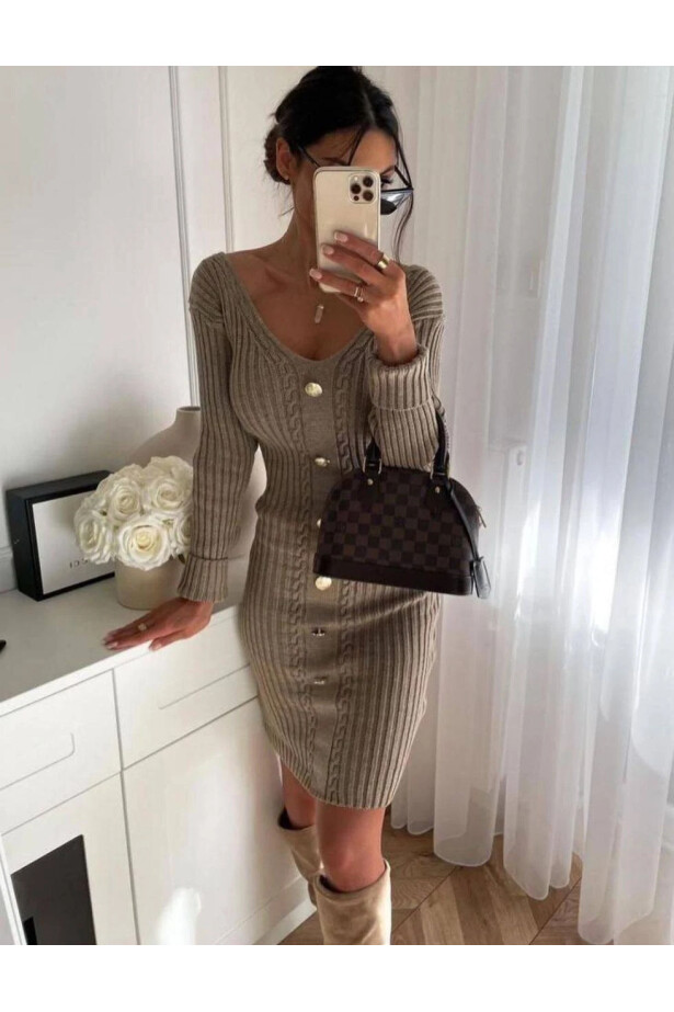 V Yaka Saç Örgü Düğme Detay Vizon Triko Elbise