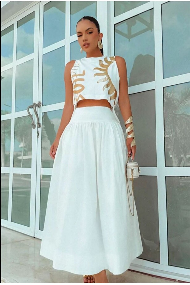 Varak Baskılı Crop & Etek Takım Beyaz