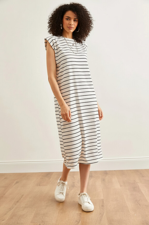 Vatkalı Çizgili Midi Elbise