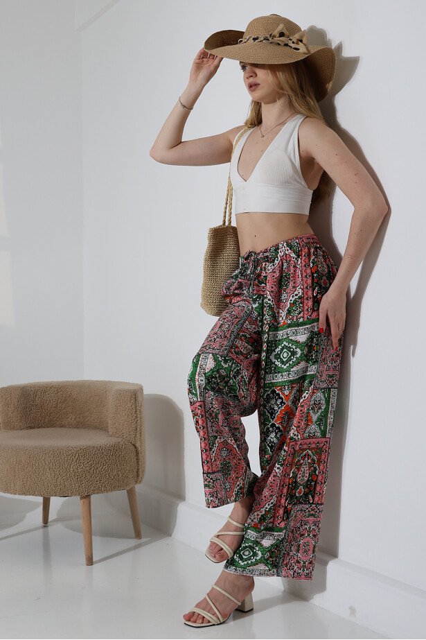 Viskon Bol Paça Zümrüt Desenli Pantalon