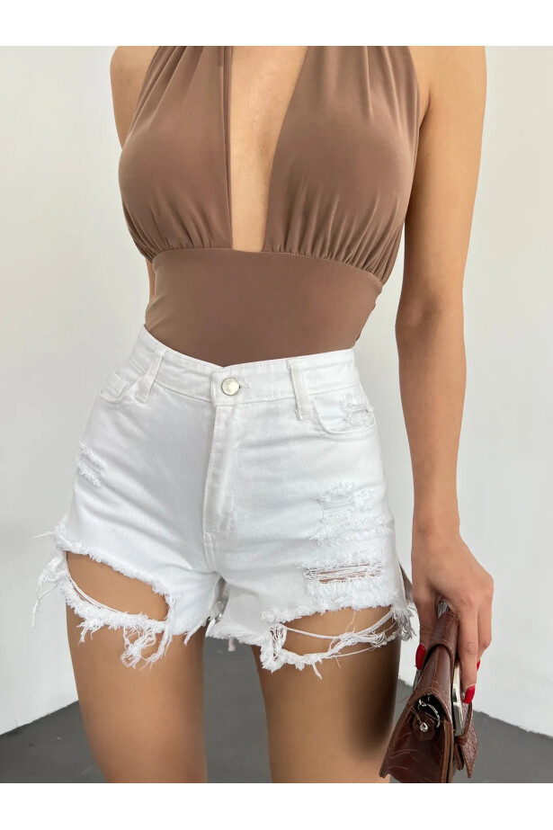 Yıkamalı Lazer Yırtıklı Mini Denim Şort Beyaz