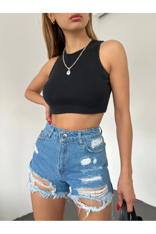 Yıkamalı Lazer Yırtıklı Mini Denim Şort Mavi