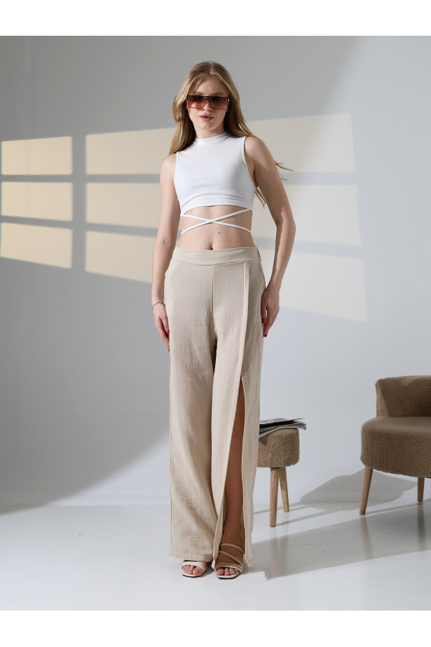 Yırtmaçlı Müslin Pantalon Bej